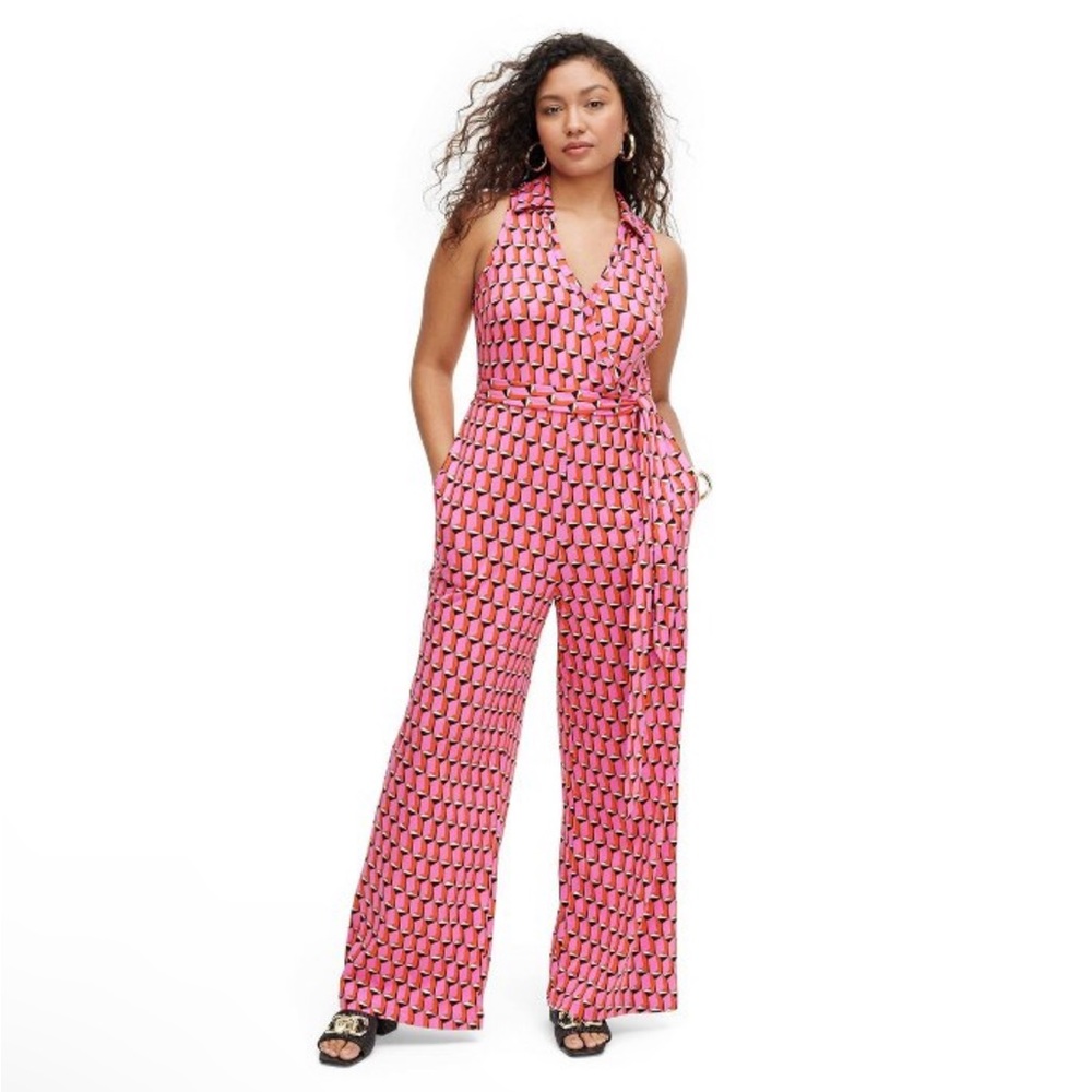 Diane Von Furstenberg Pink Geometric Halter Jumpsuit